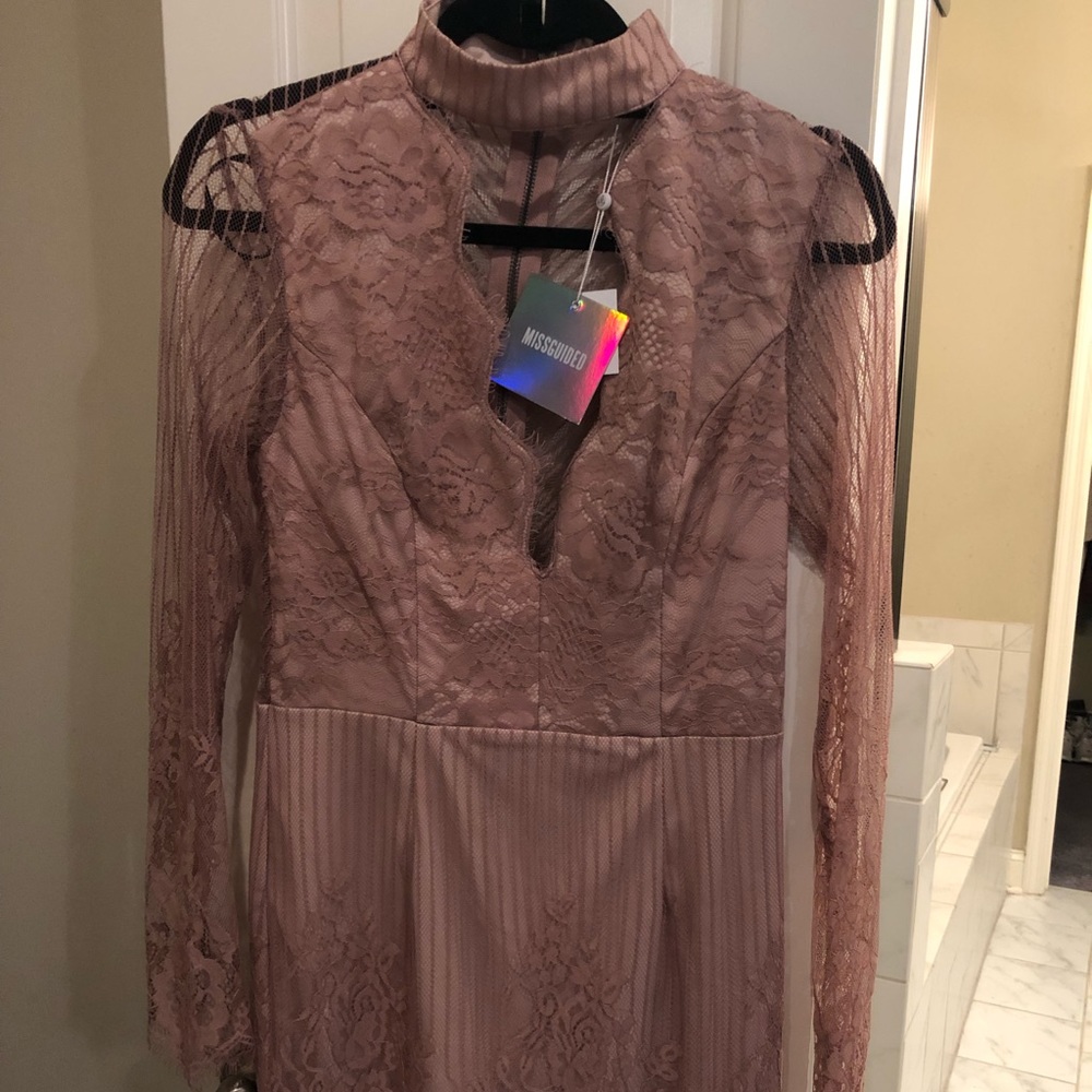 Misguided blush pink long sleeve lace dress